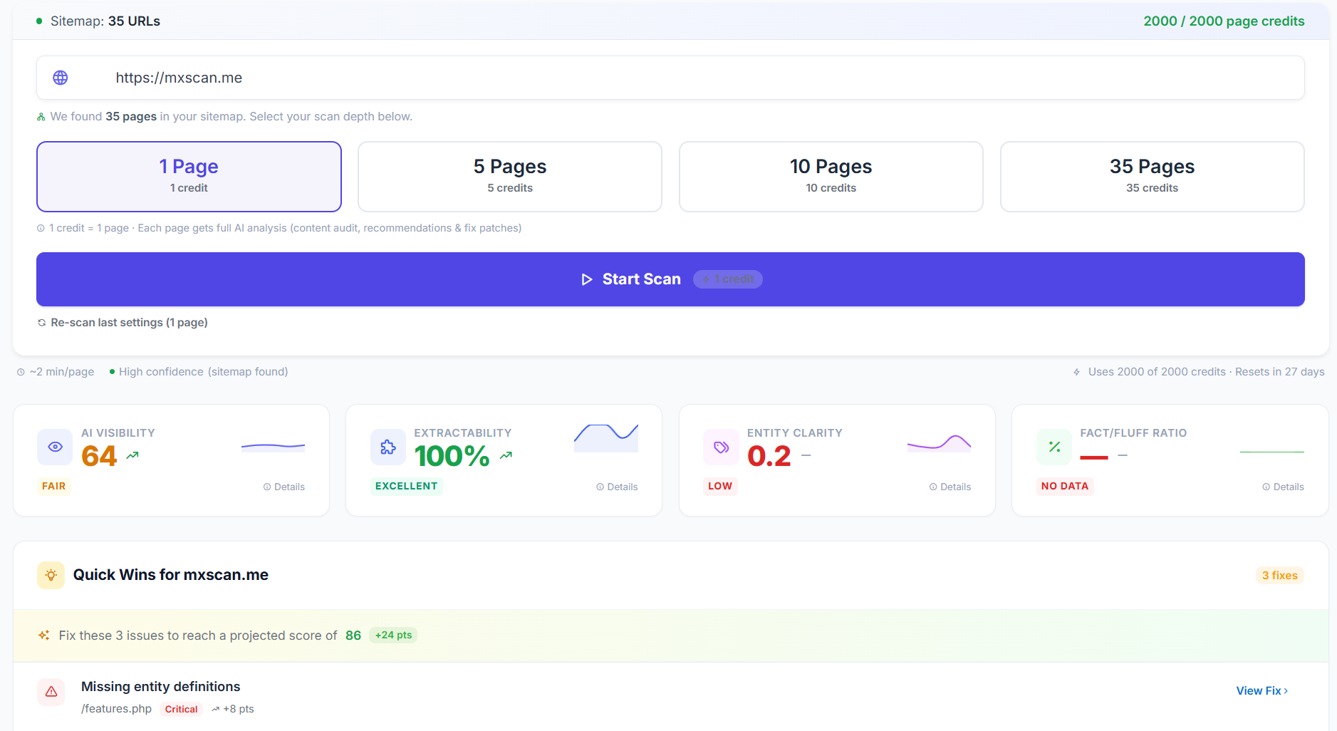 Amisora site scan — AI visibility, extractability, entity clarity scores and quick wins